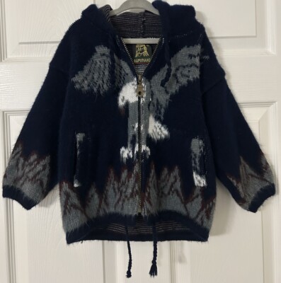 Vintage Ruminahui Eagle Full Zip Wool Hoodie Sweater Mountains Kids Youth Small