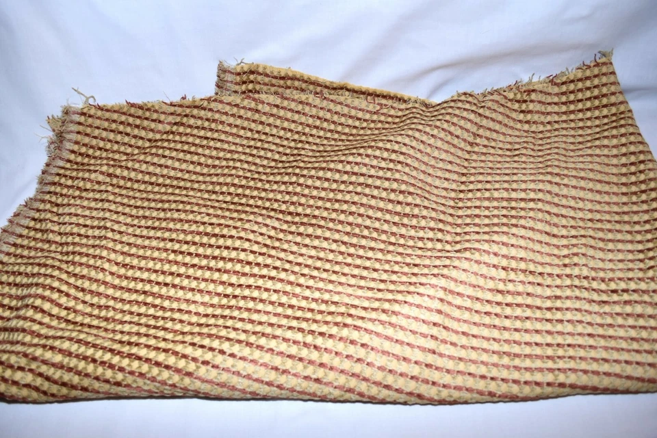 Vintage Red Beige Embroidered Woven Striped Thick Upholstery Fabric Remnant - Image 2 of 4