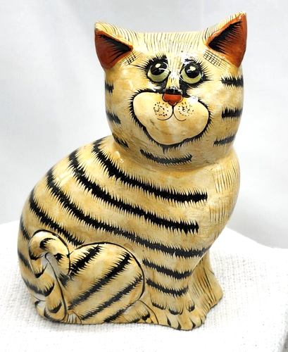 Vintage 4'' Yellow Hand Painted Cat Decoupage Paper Mache Folk Art Kitten