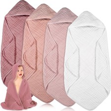 4 Pcs Muslin Hooded Baby Towels, 32"x 32" Cotton Newborn Bath Towel Muslin In...