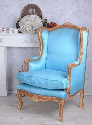 Vintage Armchair Wing Chair Baroque Armchair Blue Gold Armchair Baroque - Image 1 of 3