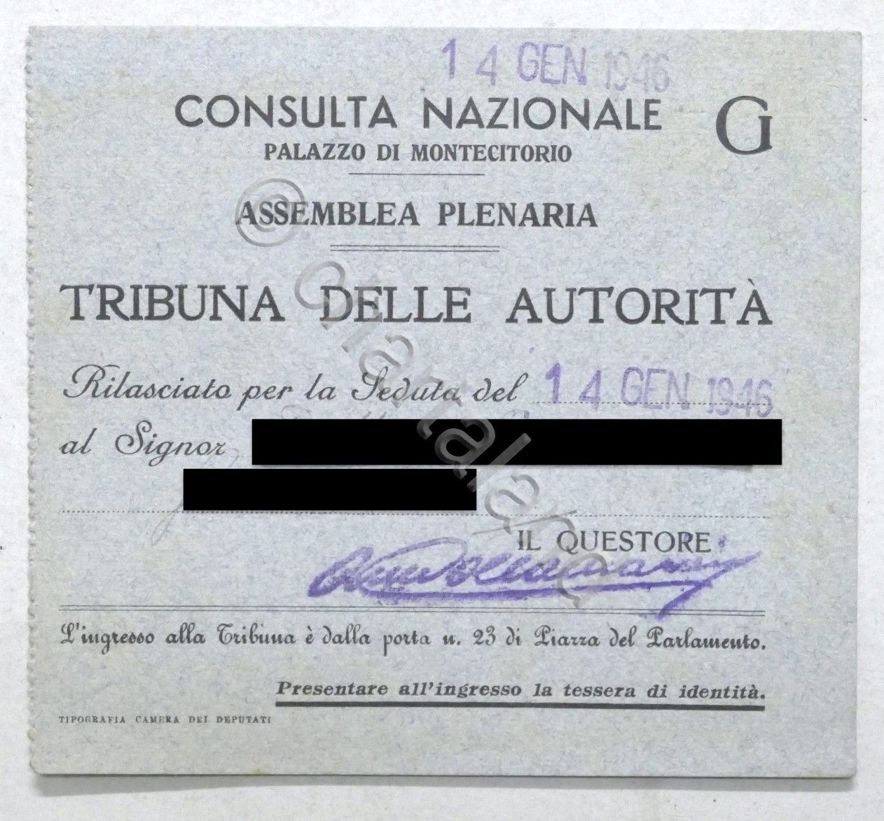 Consulta Nazionale Montecitorio - Biglietto ingresso Tribuna delle Autorità 1946