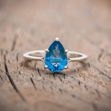 Blue Topaz Ring, Solitaire Ring, Bridal Ring, 925 Sterling Silver, Prong Ring