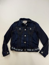 True Religion Jacket Kids Large Blue Denim Trucker Logo Hem Button Front Casual