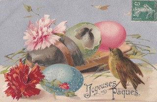 CPA FANTAISIE : K.F. JOYEUSES PAQUES OISEAUX OEILLETS OEUFS