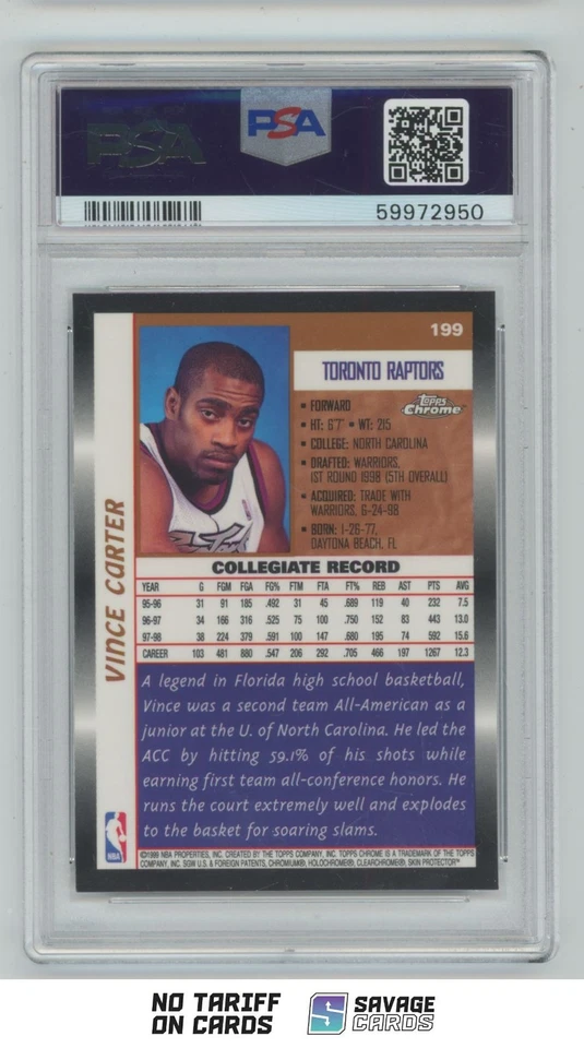 1998-99 Topps Chrome Rookie Vince Carter PSA 9 #199 Toronto Raptors - Image 2 of 3