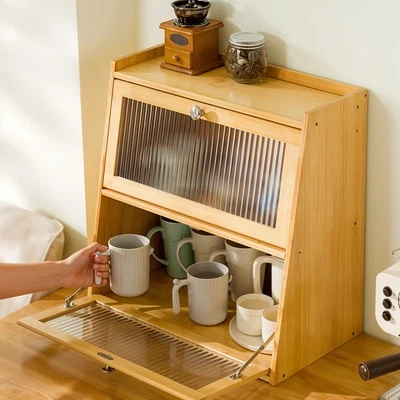 UNIQUE-HOME-DESIGN Kitchen Counter Cupboard Bamboo Spice Rack Cup Holder Cabinert w/ Door 2 3 Tier