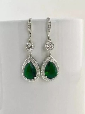 3Ct Pear Cut Simulated Emerald Drop/Dangle Hook Earrings 14K White Gold Plated