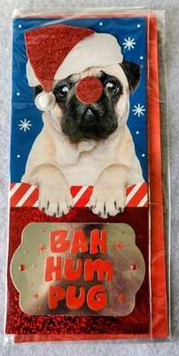 ''BAH HUM PUG'' Christmas Holiday Greeting Card 3D 9 x 3.5 RED NOSE DOG Sealed NIP