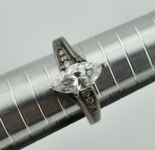 DQCZ Sterling Silver Ring Diamonique Marquis Colorless Stone Patina 7.75  - Picture 1 of 11