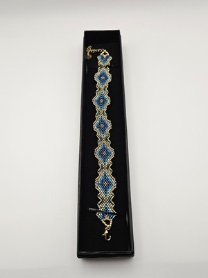 Blue and Gold Handmade Artisan Beaded Bracelet