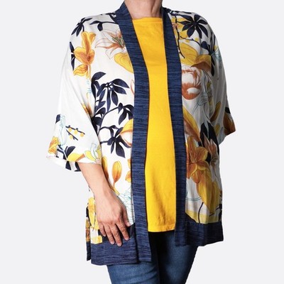 Chico's 100% Rayon Kimono Cardigan L XL 0X 1X Mustard Indigo Floral Boho Plus