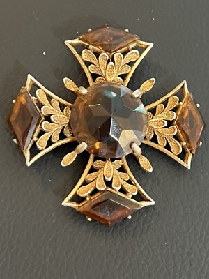 Vintage Large BSK Faux Smokey Topaz Color Rhinestone Glass Maltese Cross Pendant