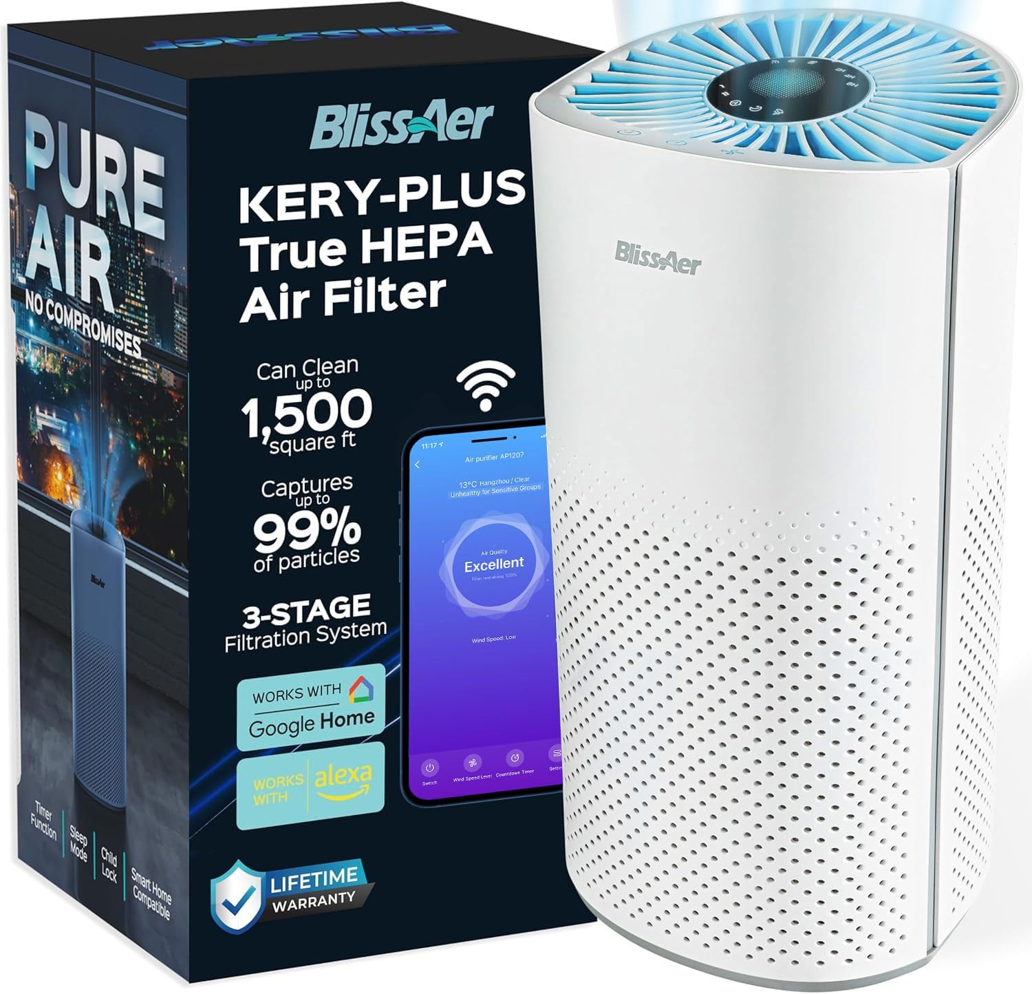 Air Purifiers for Home Bedroom Large Room up to 1500 Ft² - Smart Wifi & Voice Co
