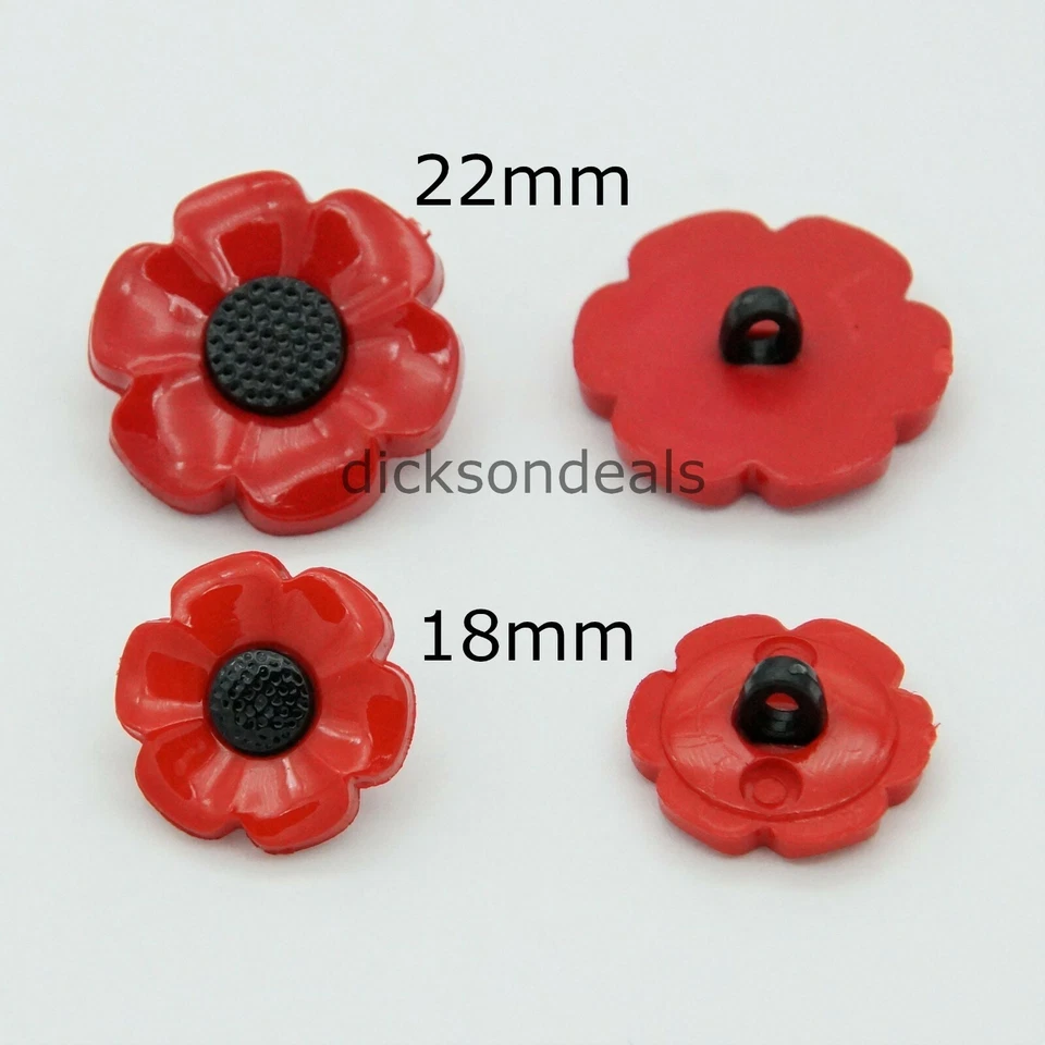 10 Poppy Flower Buttons Red & Black centre, 18mm or 22mm Shank Back for sew on. - Image 3 of 3