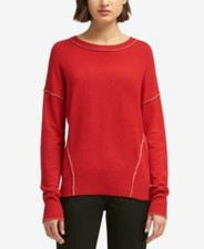 89. DKNY Women's Long Sleeve Crew Neck Pull Over Metallic Trim Sweater Red S