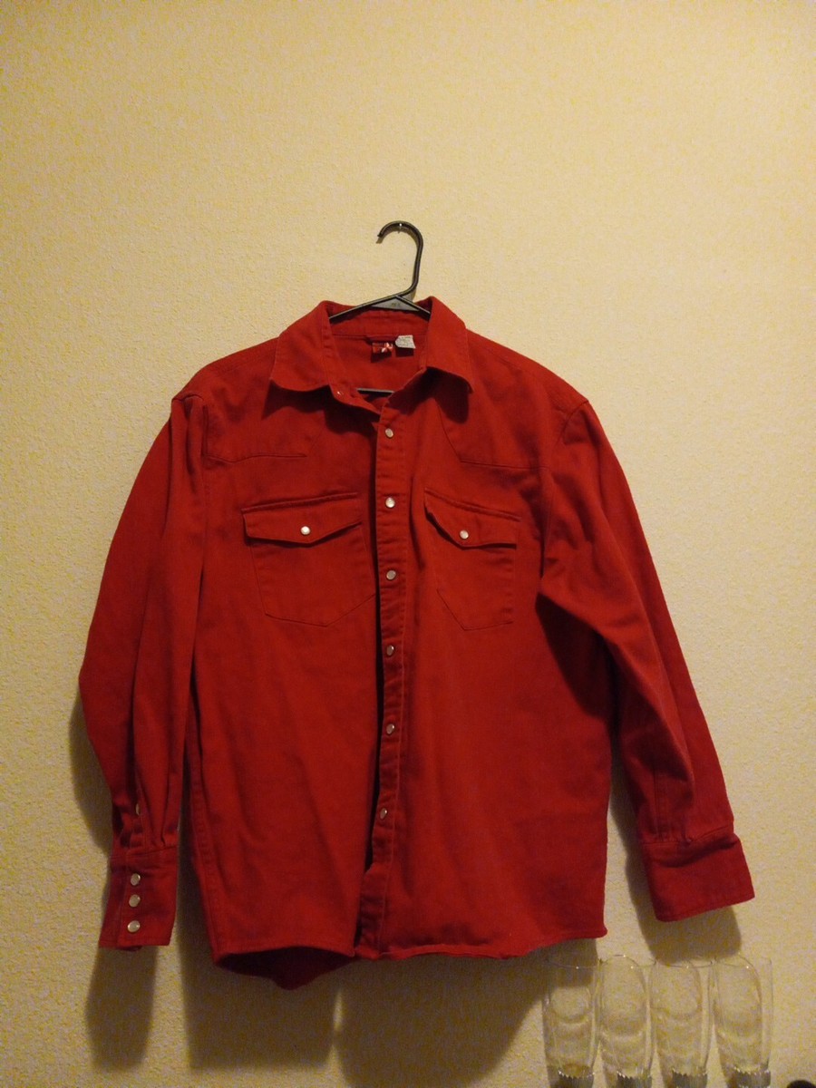 VTG Marlboro RED DENIM Western Shirt ADULT Mens Large POCKETS Pearly Snaps