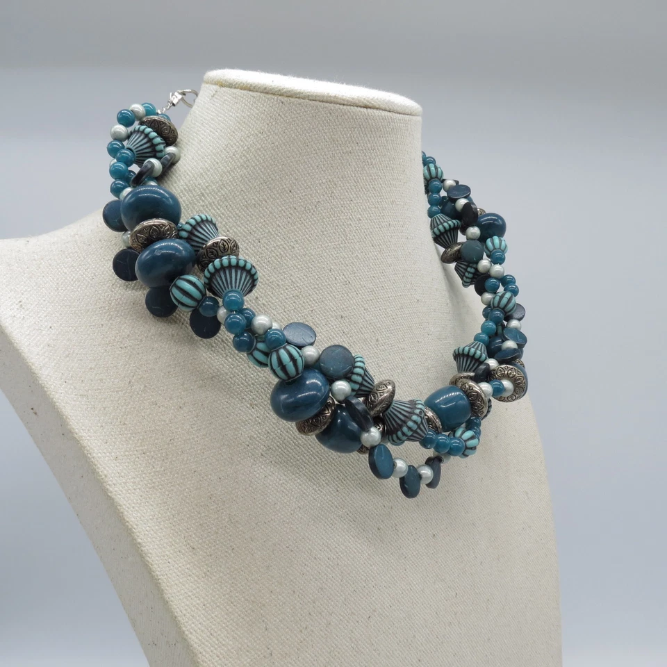 Collar con cuentas Torsade azul verdoso alambre rígido retorcido boho 17" Foto 4 de 4