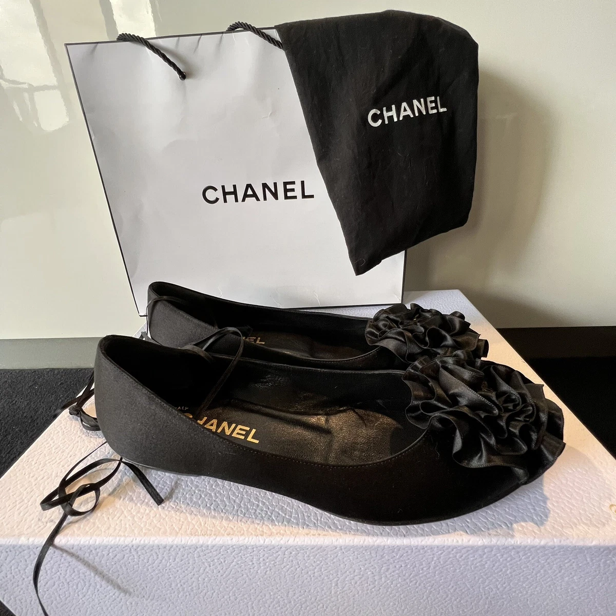CHANEL Black Satin Ballet Flats Ribbon Camellia CC Ankle Ties 38.5EU 7.5US Exc