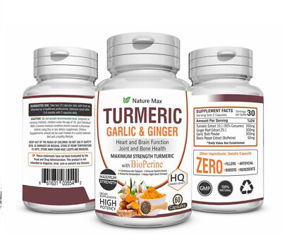 Turmeric +Ginjer + Garlic  Suppleemmnts With BIOPERINE Capsules 60 Pills
