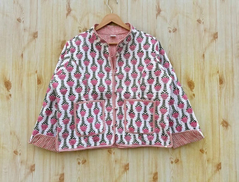 Indian Multi Ikat Cotton Quilted Unisex Jackets Women's Clothing Collar Jackets