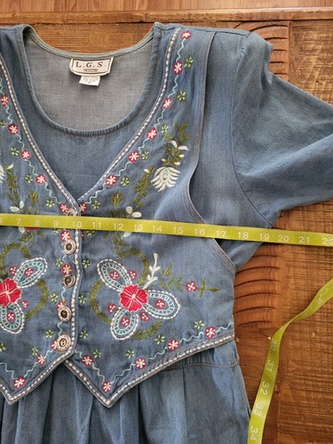 L.G.S. de colección Vestido modesto talla 8P bordado de mezclilla azul floral - Imagen 6 de 10