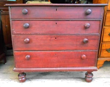 ANTIQUE EARLY AMERICAN BALL FOOT 4 DRAWER CHEST~ORIGINAL RED PAINTED FINISH