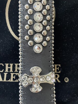 Christine Alexander Black Crystal Leather Belt Cross Bling NWOT