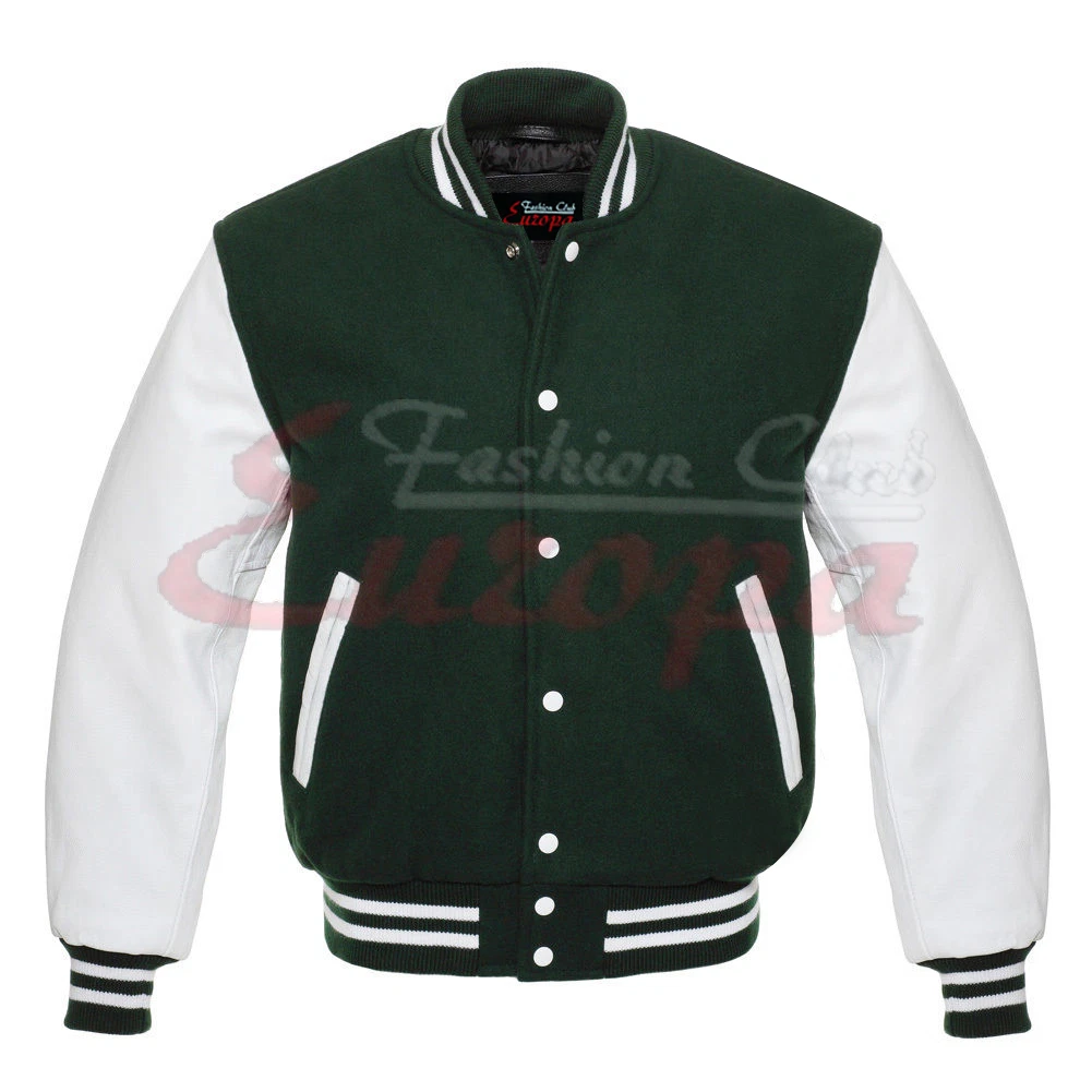 Baseball Varsity Letterman Green Wool Jacket with White Real Leather Sleeves