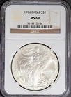 Key Date 1996 $1 Silver American Eagle MS 69 NGC # 3618512-125 + Bonus