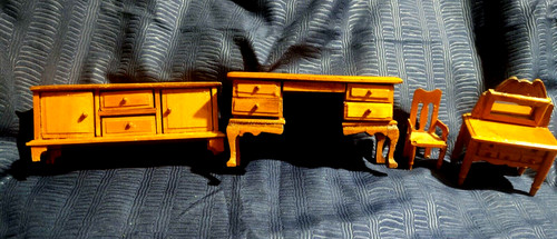 1" Doll House Miniature Furniture VTG Wood Buffet Sideboard Vanity & Chair 1:12