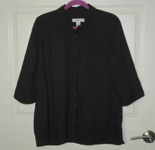 Real Clothes Saks 5th Ave Black Eyelet 1/2 Sleeve Woven Cotton Button Up Size 14