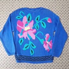 Vtg 90's Blue Floral Knit Sweater
