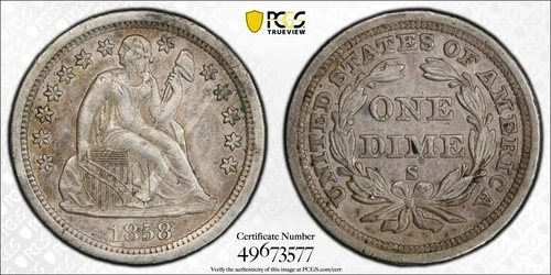 1858 S Liberty Seated Dime PCGS Genuine - AU Details (92 - Cleaned)