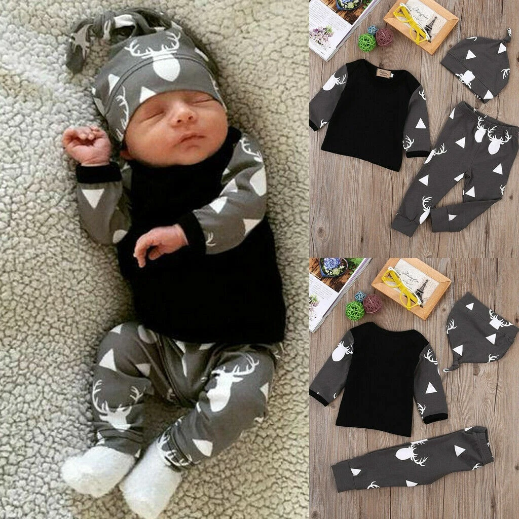Infant Baby Boy Girl Tops T-shirt Pants Leggings Hat 3pcs Outfits Clothes Set