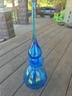 Vintage MCM Blenko? Style 13" Blue Glass Decanter With Flame Stopper Ruffled Rim
