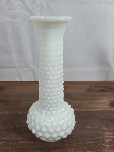 Vintage E.O. Brody Co. Milk Glass Hobnail White Bud Vase, 7 3/4"