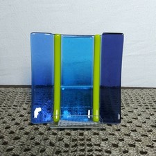 Fused Glass Trinket Dish Shallow Plate 4" Square Blue Yellow Artist Signed