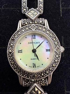 Judith Jack Sterling Silver 925 Marcasite Mother of Pearl Swiss Watch 7  Working