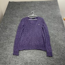 Polo Ralph Lauren Sweater Womens L Purple Cable Knit V-Neck Wool Cashmere