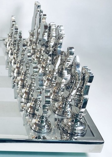 Minimalist Heavy Metal Chess Set Chrome Brass Stainless 15" Board Resorts Casino - Picture 3 of 23