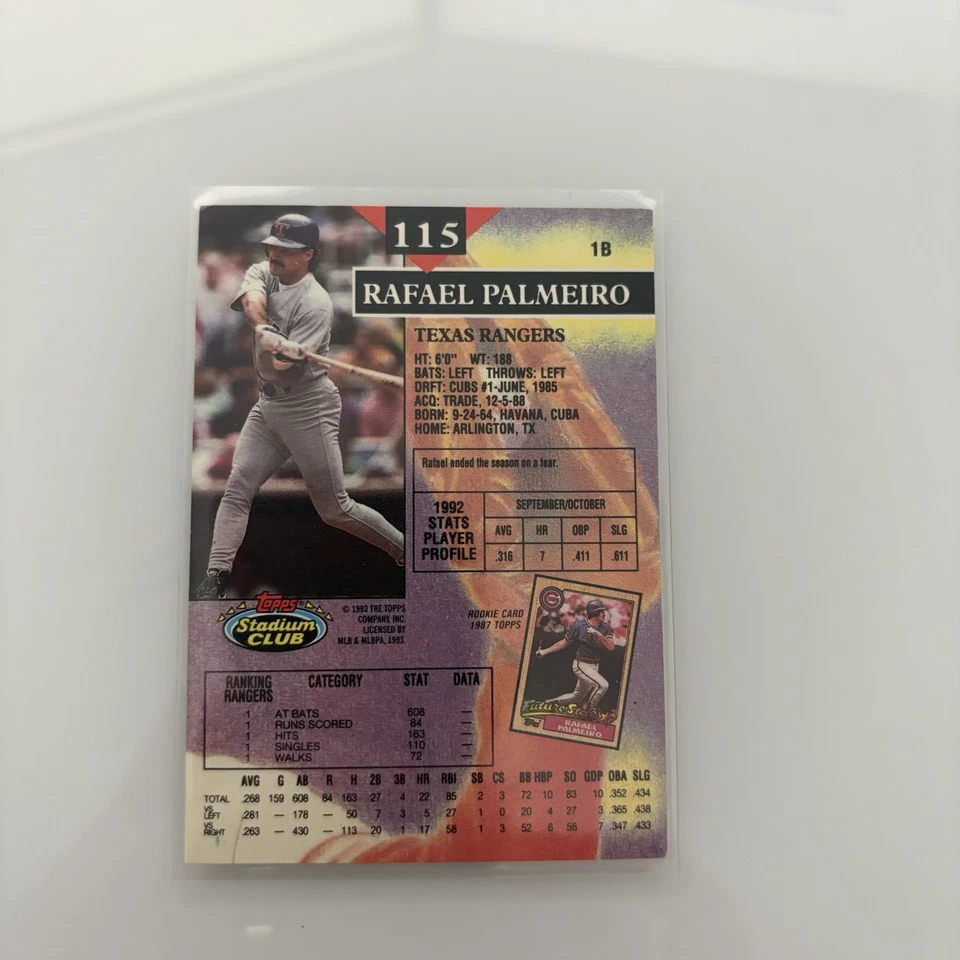 1993 Topps Stadium Club Rafael Palmeiro #115 Texas Rangers Baseball Card - Image 2 of 2