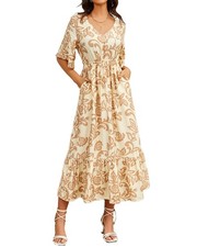 Ystguic Women Fall 3/4 Sleeve Long Maxi V Neck Aline Medium, Brown Floral
