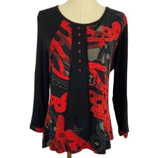 Vintage Y2K Parsley & Sage Small Black Red Button Graphic Clowncore Top