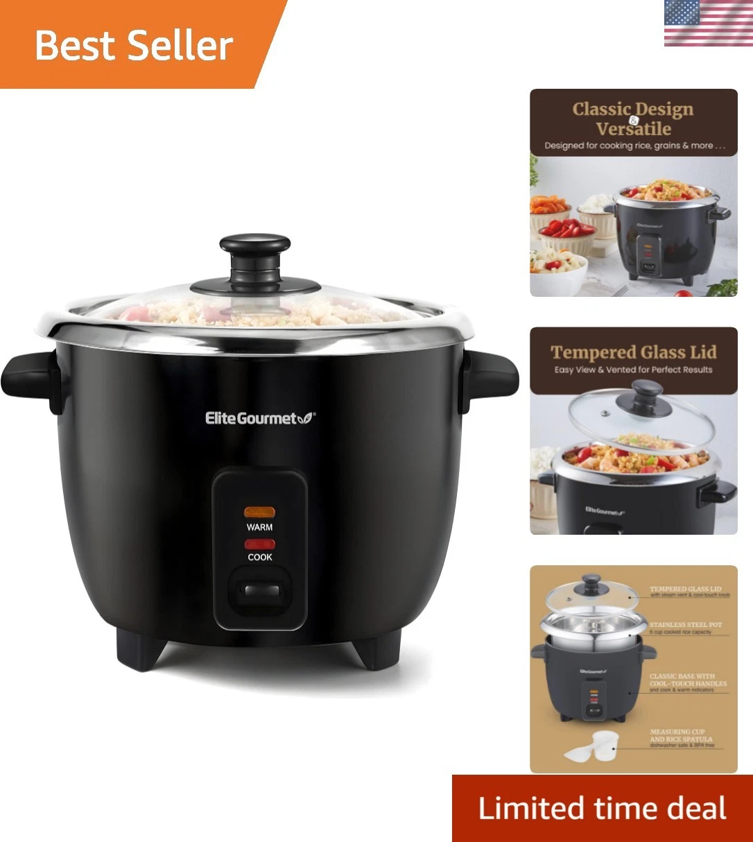 6-Cup Electric Rice Cooker with Stainless Steel Inner Pot, Makes Soups, Stews...