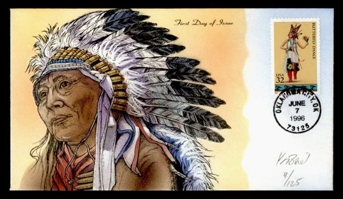 DR WHO 1996 FDC INDIAN BUTTERFLY DANCE BEVIL HANDPAINTED CACHET M75364