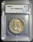 1958-D Franklin 50c Silver Half Dollar PCGS MS 66 FBL Toned Full Bell Lines