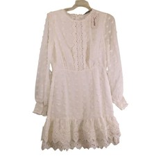 Simplee Womens S White Swiss Dot Crochet Lace Mini Dress Long Sleeve Boho NWT
