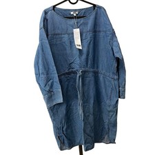 UNIQLO U Denim Dress Blue S Long Sleeve Cord Waist Lightweight Denim