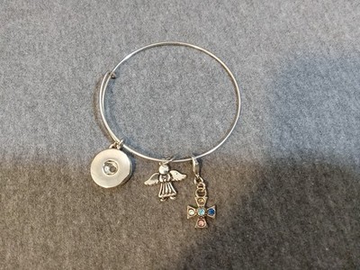 Gingersnaps Silver Tone Bangle Blue Pink Rhinestones Charm Bracelet Angel Cross